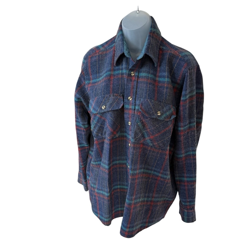 Vtg 70s Sears Roebuck blue red shirt single-needle wool-acrylic Korea men large